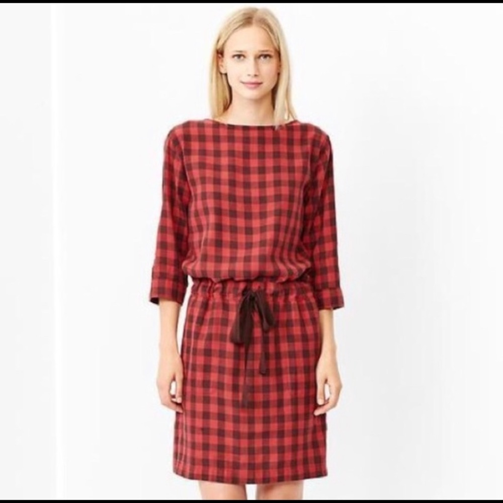 NWT Gap Red Check 3/4 Sleeve Tie Waist Dress Sz S